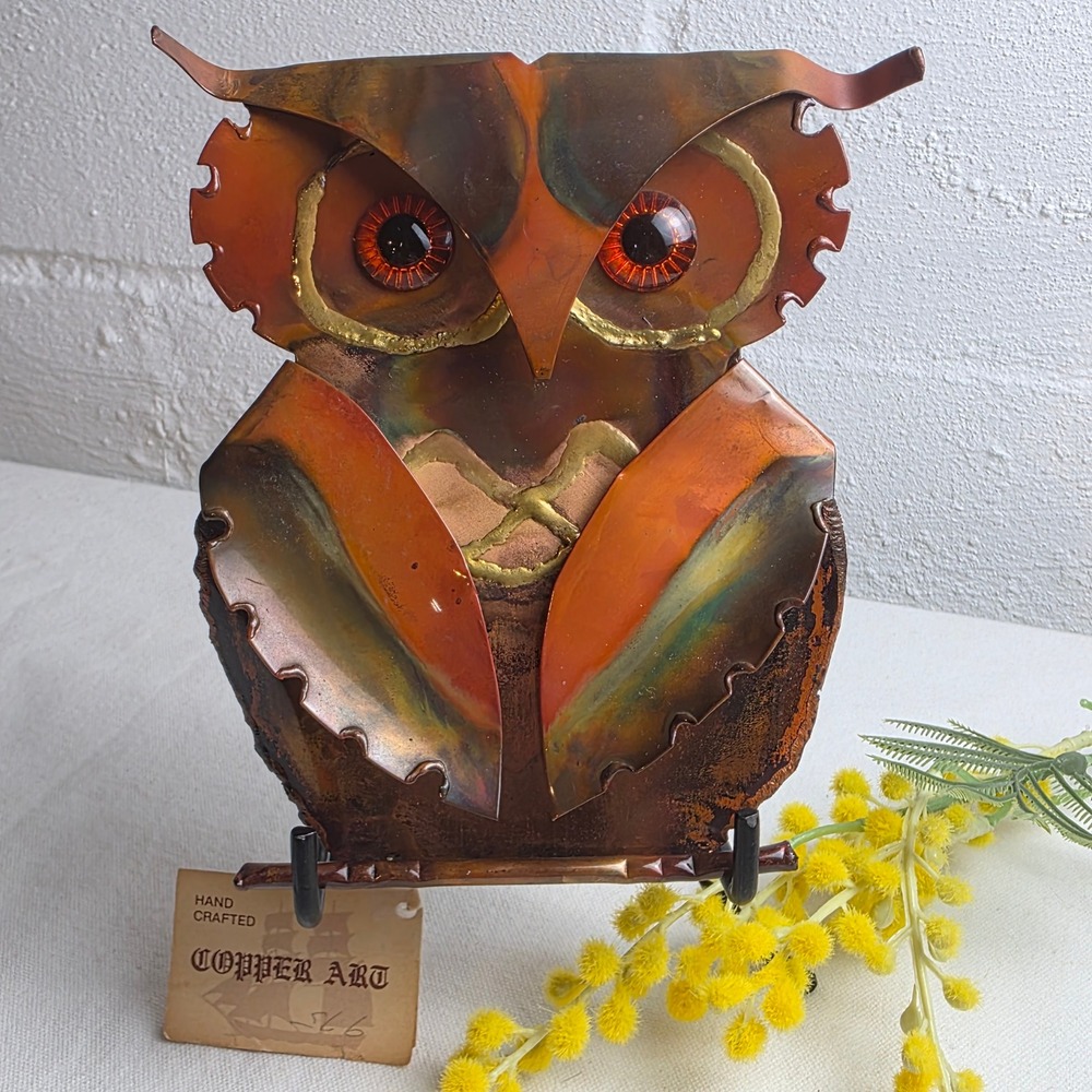 Copper Art Handcrafted Flame Treated Owl Wall Hanging Sculpture Glass Eyes MCM